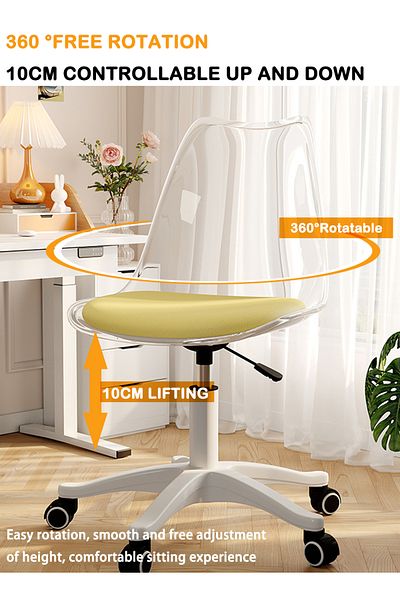 EqiEch Acrylic Ergonomic Office Desk Chair, Armless, Waterproof PU, Adjustable Height, Silent Wheels