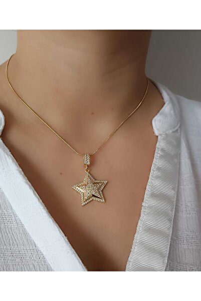 shop 1.Sınıf Çelik Kararma Yapmaz Zirkon Taşlı Yıldız Figürlü Gold Kolye