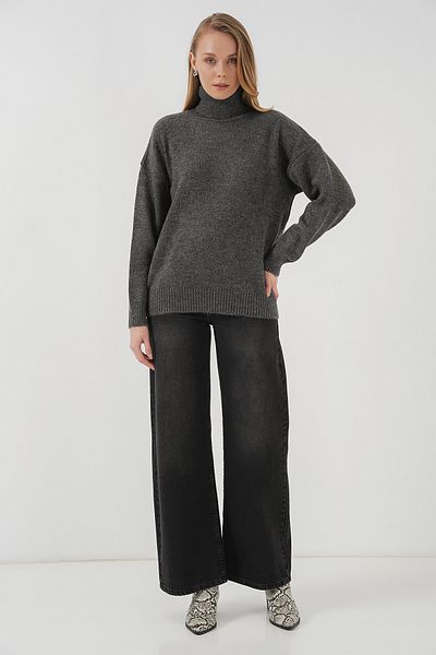 Bigdart 15917 Dámský oversize pletený svetr s rolákem – antracit