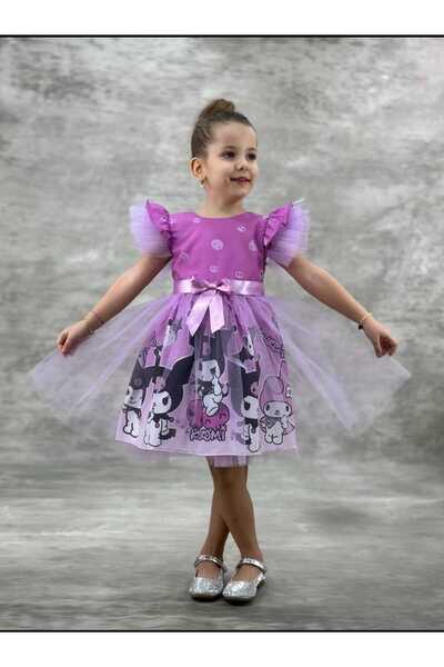 HMZ GOLD Kuromi Baskılı Kolu Tüllü Fiyonk Ve Kemerli Elbise