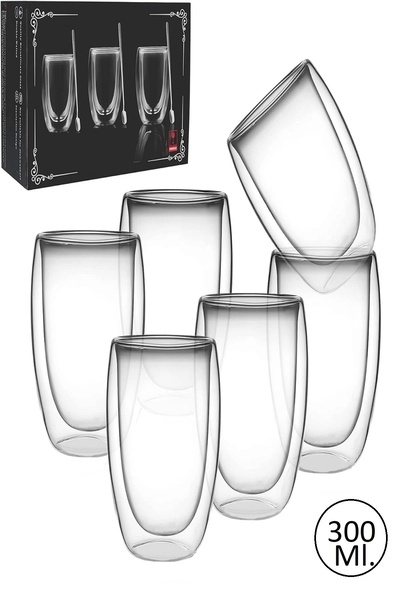 Rosemor 6'Lı Çift Cidarlı Bardak 300 ml Ev Ofis Çay Fincanı Kahve Sunum