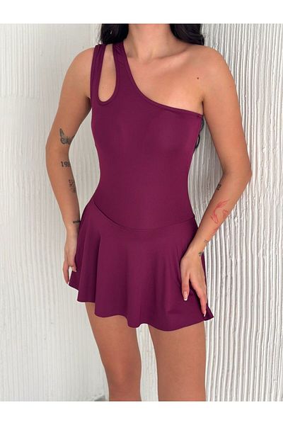 Pimody Women's Purple Single Strap Skirt Swimsuit with Shorts