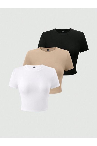 ÖZ PAMUK Tricou crop tricotat, 100% bumbac, cu nervuri, 3 piese, pentru femei