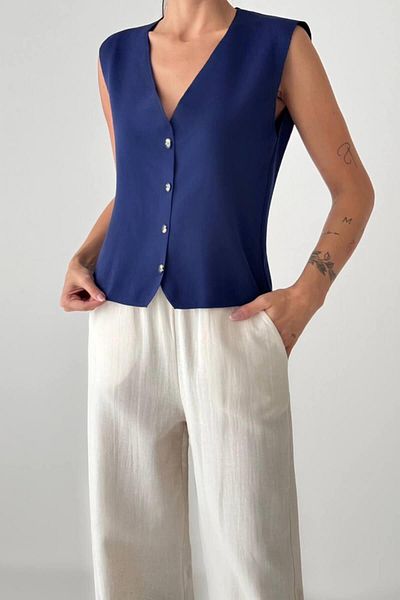 Coral Navy Blue Buttoned Vest