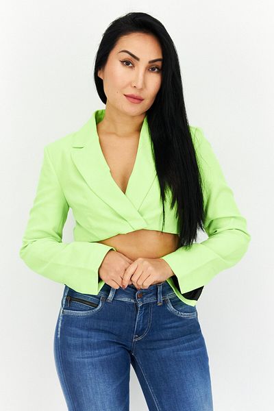 TopShop Women Regular Fit Solid Casual Crop Blazer, Neon Green