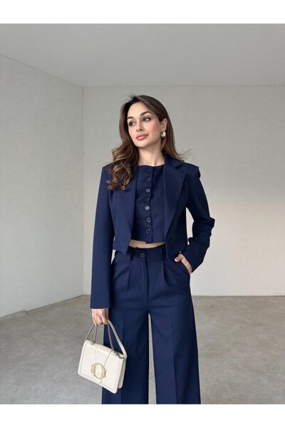 MAXMOOR Women's Navy Blue High Waist Pants Vest Jacket 3-Piece Suit
