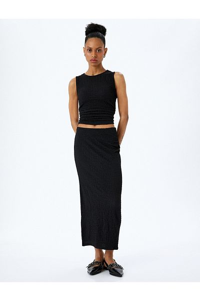 Koton Slim Fit Textured Drape Detailed High Waist Pencil Skirt