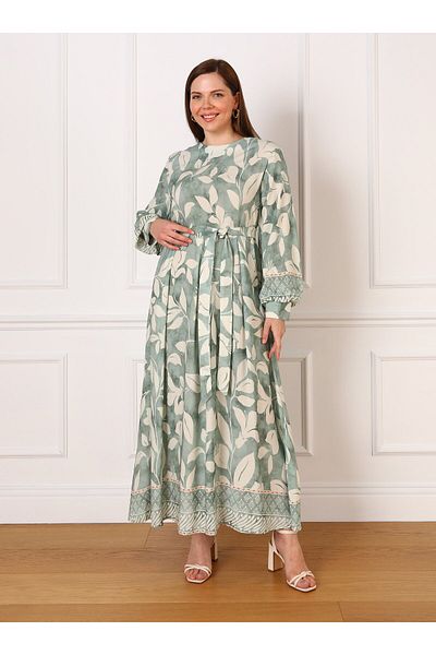 ALİA Floral Patterned Large Size Viscose Dress - Water Green - Alia