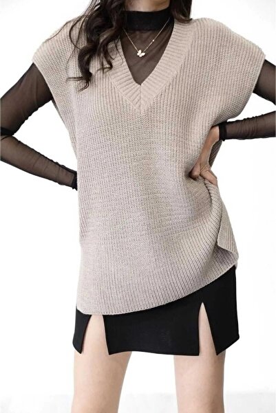 Gülşah KADIN GİYİM TAŞ RENGİ  V YAKA SÜVETER