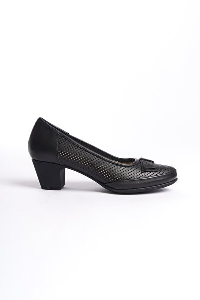 Tamdabu Ayakkabı Genuine Leather Anatomical Sole Perforated Heeled Black Wome...