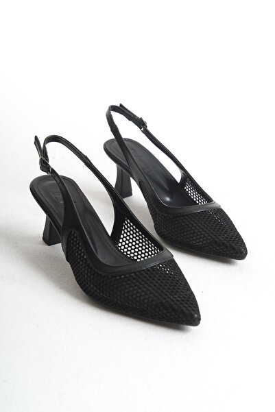 Lizzu حذاء سيينا أسود للنساء - شبكي مفتوح من الخلف، كعب منخفض