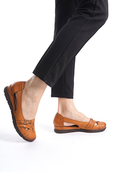 Tamdabu Ayakkabı Hakiki Deri El Yapımı Taba Günlük Kadın Sandalet