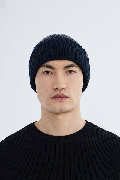 Nordbron Men's Navy Blue Soft Beret Logo Stretchy Knitwear Winter Double Fold Basic Color-Blocking Allek
