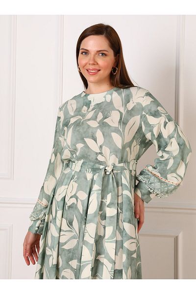 ALİA Floral Patterned Large Size Viscose Dress - Water Green - Alia