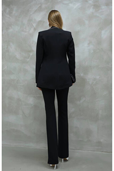 ZF BUTİK Kadın Gümüş Detay Klasik Ceket Pantolon Takım Siyah