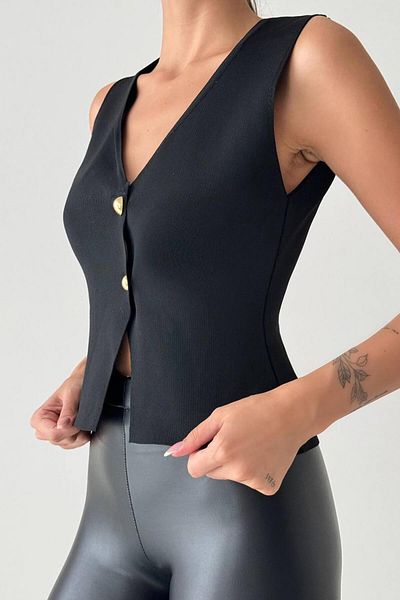 Coral Black Pearl Button Ribbed Vest