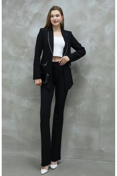 ZF BUTİK Black Women's Silver Detailed Classic Jacket and Trousers Set