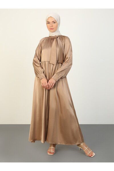 Refka Hijab Dress - Satin, Lacing Detail, Mink-refka