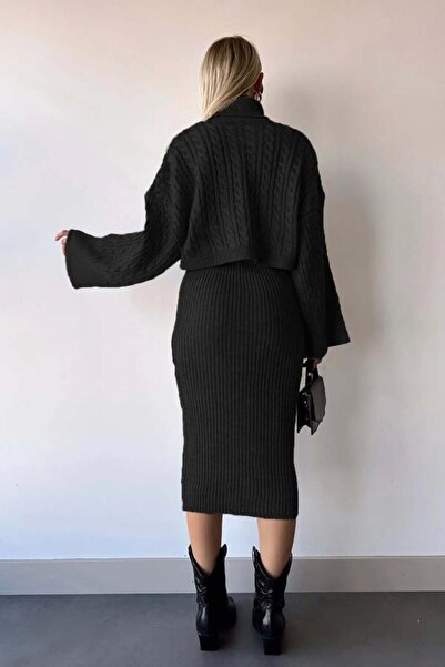 zoe star Magas nyakú kötött motívumú Crop pulóver és kötött ruha szett