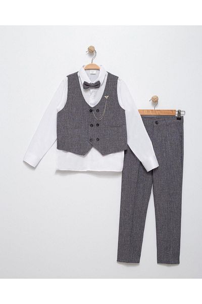 Magu Gray Kids Suit Stylish Design Tuxedo with Bow Tie Vest