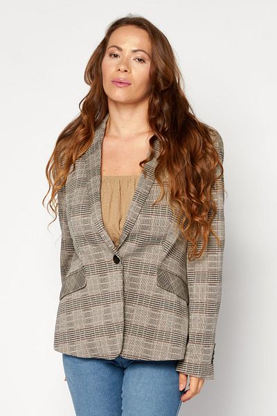 Esprit Women Regular Fit Plaid Blazer, Beige Combo