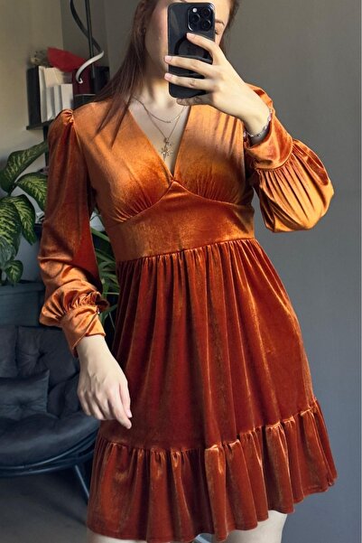 Genel Markalar Kadife Mini Elbise -Turuncu