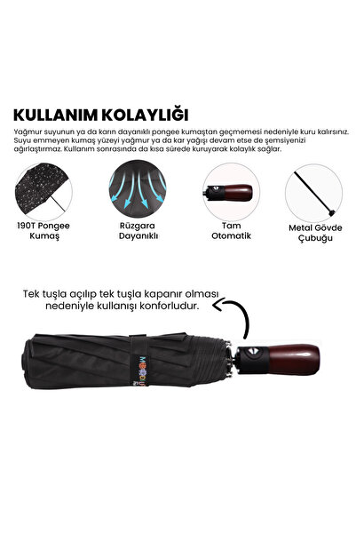 Biggdesign Moods Up Premium Ahşap Saplı Siyah Otomatik Şemsiye, Rüzgara Dayanıklı, Hızlı Kuruyan