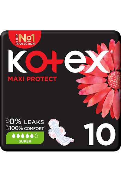 Kotex فوط ماكسي بروتيكت السميكة، فوط صحية كبيرة الحجم بأجنحة، 10 فوط صحية (عبوتين)