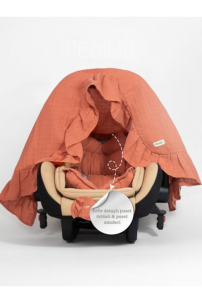 Pedimu Muslin Brick Color Ruffle Detailed Stroller Cover and Stroller Cushion Set