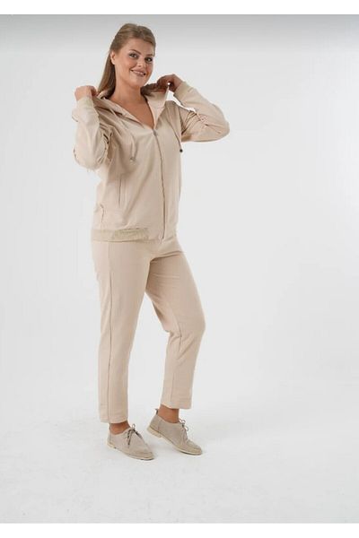 Nelly Plus Size Hooded Rib Detailed Beige Color Tracksuit Set
