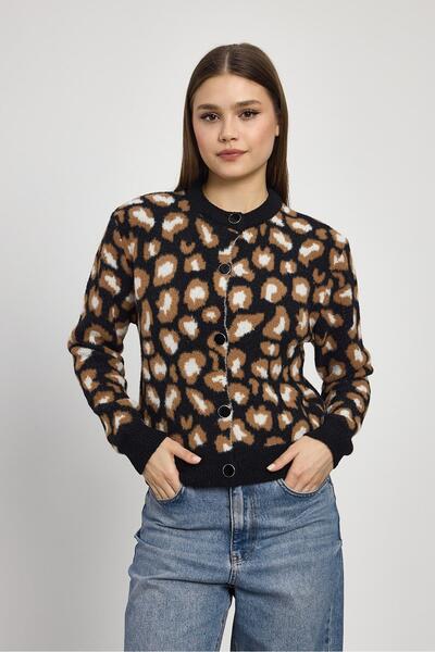 Rays 24367 Cardigan tricot cu detalii leopard negru