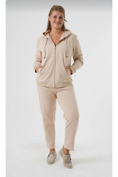 Nelly Plus Size Hooded Rib Detailed Beige Color Tracksuit Set