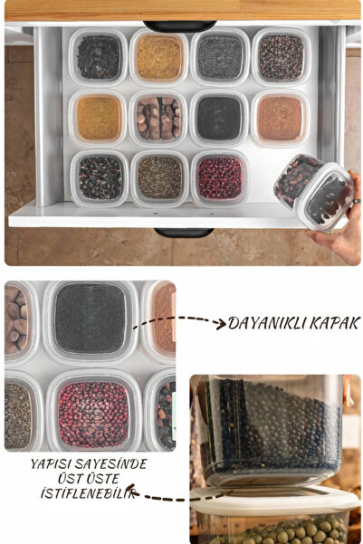 SUPERPUP 12-Piece Square Storage Container Set with Spoon Gift, for Food, Spices, Food 4 X (600 ml - 1250 ml - 1900 ml)