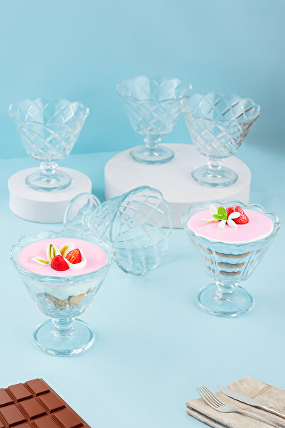 Porsima 1108 Model 6-Piece Glass Stand Ice Cream and Magnolia Presentation Bowl - Sugar Bowl and Snack Bowl 180ml