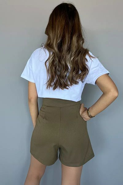 GÜLSELİ Pantaloni scurți de damă kaki cu talie înaltă plisată cu velcro