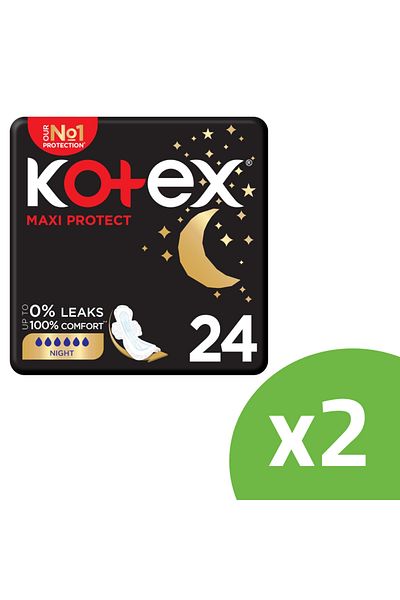 Kotex Maxi Protect Thick Pads, Overnight Protection Sanitary Pads with Wings, 24 Pads ( 2 Packs )