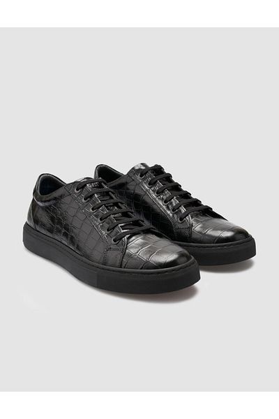 Cabani 100% Genuine Leather Black Crocodile Men's Sneakers