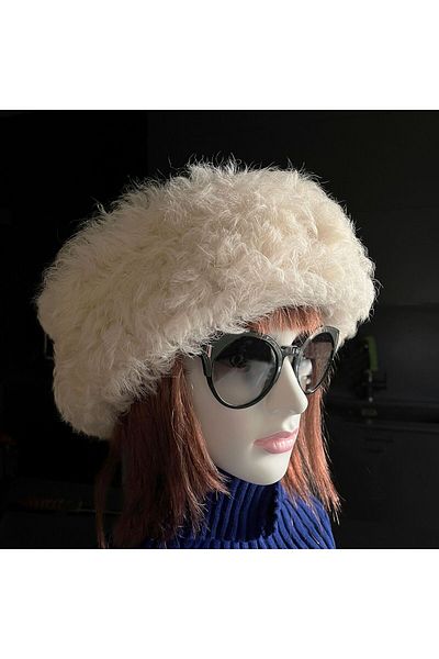 Shark Anatolia Handmade 100% Wool Curly Cream Fur Women's Real Leather Hat