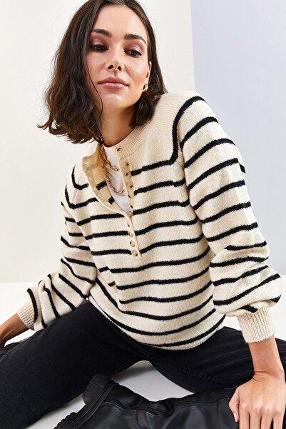 YAASE Women's Buttoned Collar Turtleneck Striped Knitwear Sweater