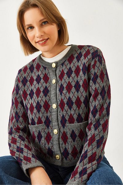Bianco Lucci Women's Diamond Patterned Pocket Knitwear Cardigan 20247581