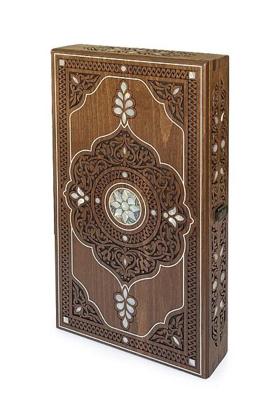 Helena Wood Art Topkapı Mother of Pearl Inlaid Carved Embroidered Wooden Backgammon Set