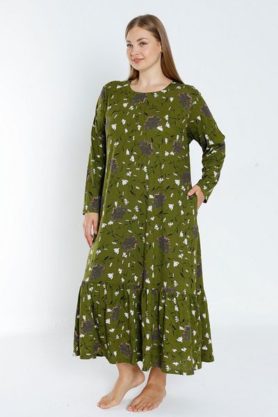İntensive Women's Green Print Long Sleeve Pocket Skirt Flounces Long Cotton Dress