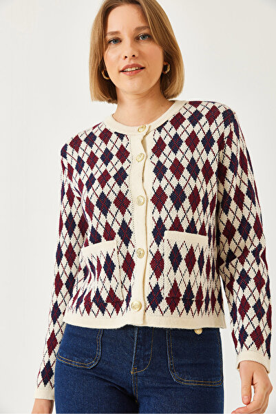 Bianco Lucci Women's Diamond Patterned Pocket Knitwear Cardigan 20247581