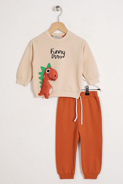 zepkids Dinosaur Figured Text Printed Brick Color Boy's Double Set