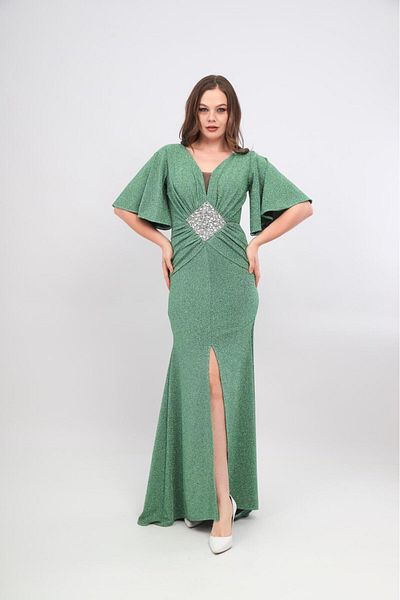 Aperla Mermaid Evening Dress with V-Neck Embroidery and Drawstring Detail Glitter Slit Detail
