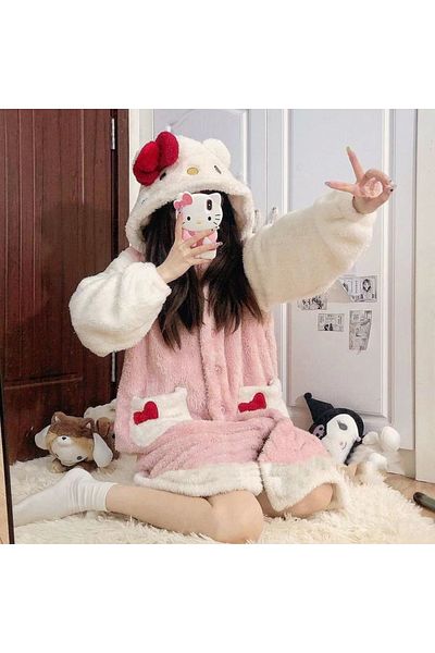 Choice S 75-90KG Only a nightgown 2024 Hello Kitty Pajamas Women'S Autumn And Winter Coral Velvet Thickened
