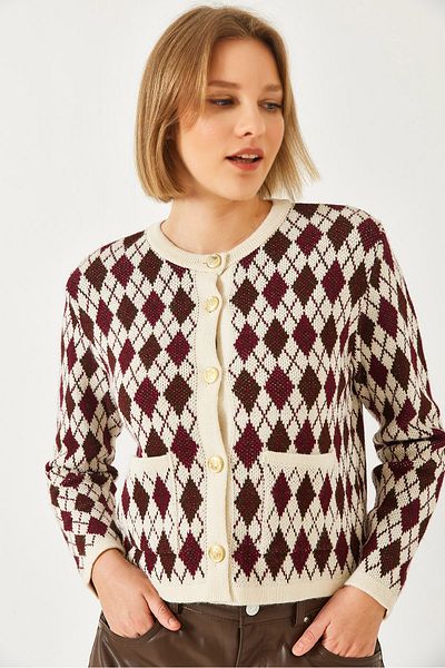 Bianco Lucci Women's Diamond Patterned Pocket Knitwear Cardigan 20247581
