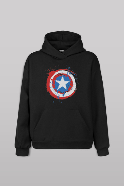 Kendim Seçtim Siyah Sweat Captain America Kaptan Amerika Kalkan Ön Baskılı Sw...