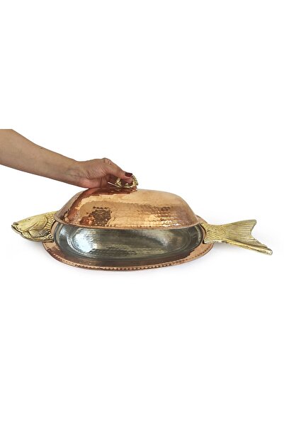Shark Anatolia Orkinos 50 Cm Copper Fish Presentation Plate - Hand Forged with Lid