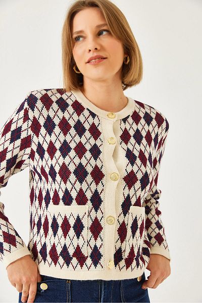 Bianco Lucci Women's Diamond Patterned Pocket Knitwear Cardigan 20247581